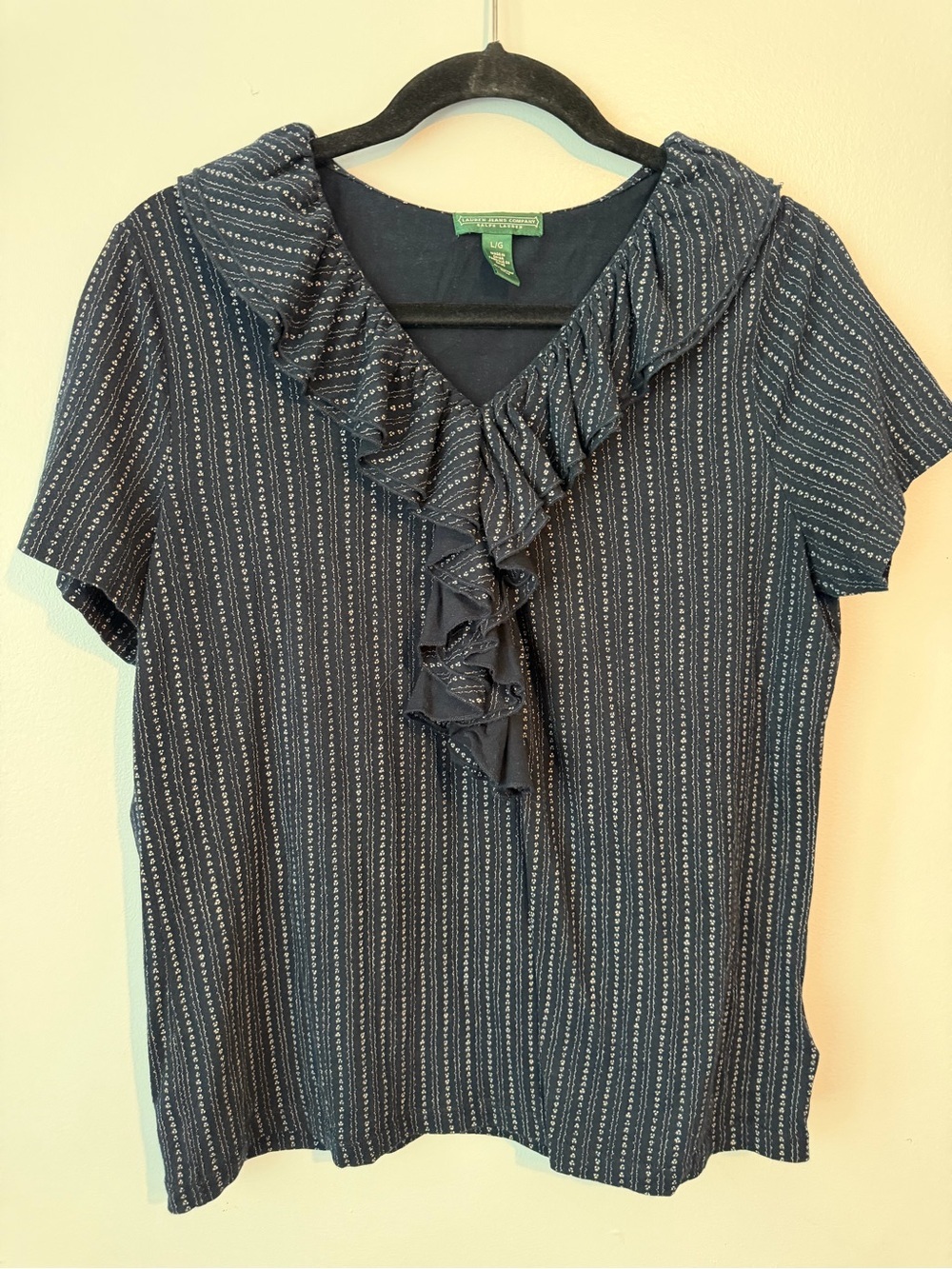 Lauren Ralph Lauren Navy Striped Ruffle V-Neck Blouse